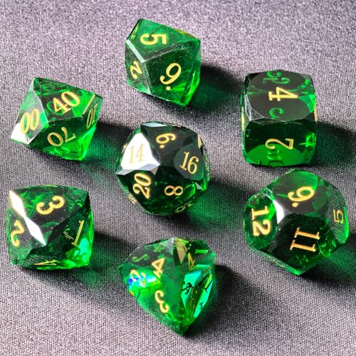 Crystal Multifaceted Polyhedral Dice Set 7 PCS for DND, RPG Tabletop Gaming, Collectors | Tinbox Packing, Gemstone Effect Dice (Emerald) - color: Emerald
