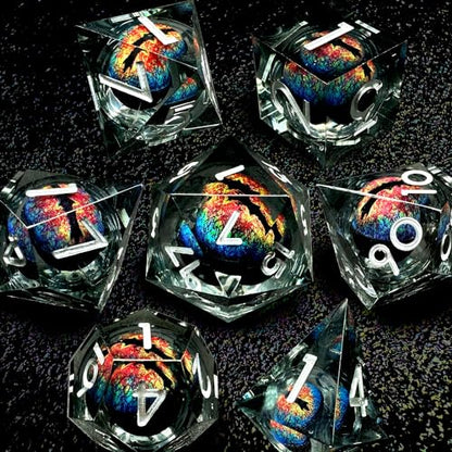 HAOMEJA D&D Dragon Eye Resin Dice Set DND 7 Pcs Resin Sharp Edge Role Playing Dice with Dragon Eye Bag, Polyhedral Dungeons and Dragons Dice D20 D12 D10 D100 D8 D6 D4 (Black & Eye Blue Red) - color: 7 Eye Blue Red & Black