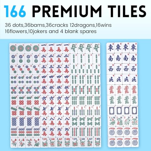 Suncle American Mahjong Tile Set X-Large 166 Blue Back Tiles 1.4" Large Size Tile with Carrying Travel Case, English Manual, Pro Complete Mahjongg Game Set - color: Blue Back-1.4inch