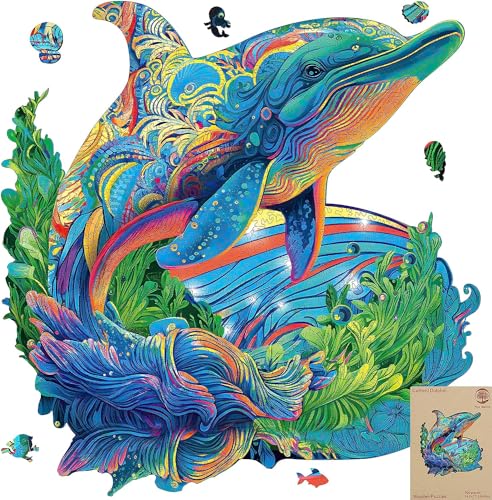 Mys Aurora Wooden Puzzles, Dolphin Jigsaw Puzzles 500 Pieces | Unique Shaped Wooden Puzzles for Adults and Kids, Family Game 17.3 x 14.8 Inch - color: Dolphin, size: 500 Pieces
