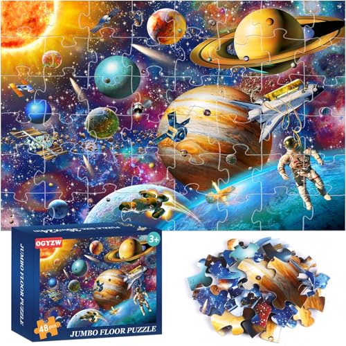 Jumbo Floor Puzzles for Kids Ages 4-6, 48 Pieces Solar System Puzzles | Extra-Thick Large Piece Floor Puzzles for Kids Ages 3-5, Preschool Educational Learning Planet Toys, Gift for Boys & Girls