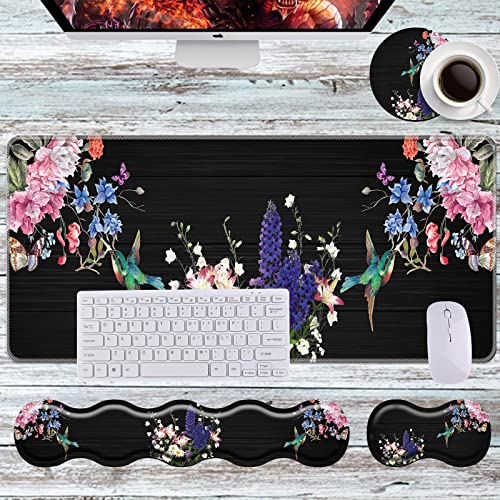 Keyboard Wrist Rest+Mouse Wrist Pad+Desk Pad Set,Memory Foam Ergonomic Easy Typing Pain Relief for Computer Laptop Office Home - Hummingbird and Flower - color: Hummingbird and Flower