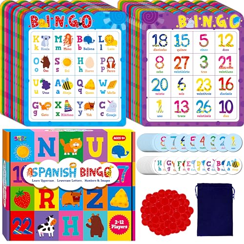 SpriteGru Spanish Bingo Game, 12 Bingo Board Spanish Letters, Numbers & Words Vocabulary Game, Early Educational Toys for Learning - Ages 4 and up, Perfect for Classroom & at Home (Up to 12 Players) - style: Spanish Alphabet Number Bingo Game
