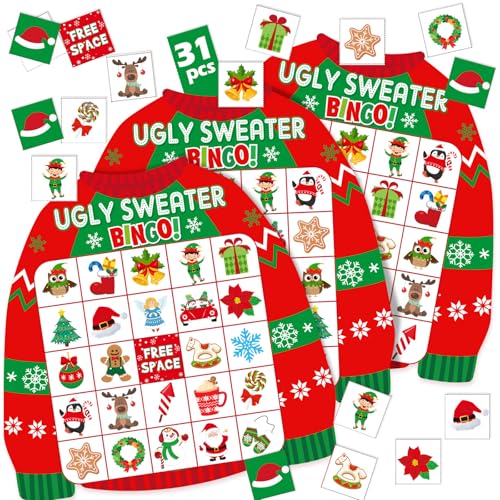 Blosssound Christmas Bingo Game for Kids & Adults, 24 Players Ugly Sweater Holiday Party Game Cards Set, Family Xmas Activities, Classroom & Office Party Supplies - style: Christmas