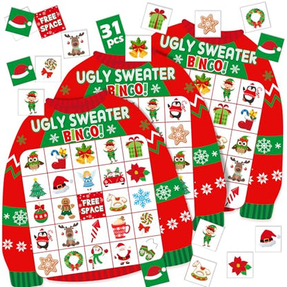 Blosssound Christmas Bingo Game for Kids & Adults, 24 Players Ugly Sweater Holiday Party Game Cards Set, Family Xmas Activities, Classroom & Office Party Supplies - style: Christmas