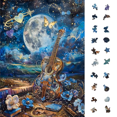 1000 Piece Jigsaw Puzzle for Adults, Guitar Moon Night Puzzle | Murder Mystery, Artistic Musical Fantasy Puzzle with Moon, Butterfly and Blue Flowers, Challenging Art, 26.6x19.2 in - color: Midnight Melody