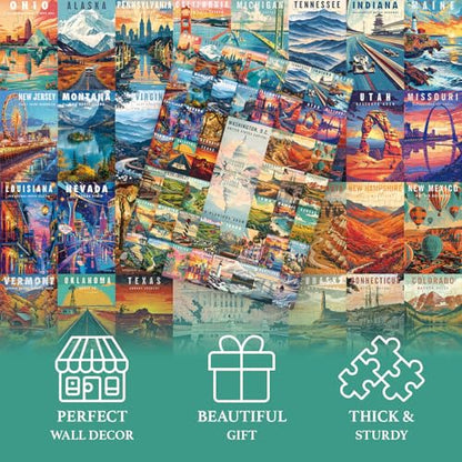 50 States & Washington, D.C. Jigsaw Puzzles for Adults 1000 Pieces, United States 1000 Piece Puzzle, Travel Poster Design of Family Puzzle,challenging Puzzle,USA States Puzzle
