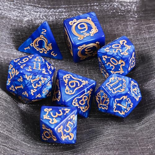 DND Dice Set - 7 Polyhedral Role Playing Dice with Gold Dragon Design, Acrylic D&D Dice Perfect for Dungeons and Dragons, Pathfinder, Warhammer, RPG Games (Blue) - color: Gold Dragon-blue