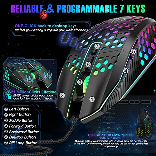 Ergonomic Gaming Mouse - USB Wired Computer Gamer Mice with 8000 DPI Adjustable/Customizable Buttons/RGB Backlit - for Windows 7/8/10/XP, Vista, Linux, PC/Mac/Laptop
