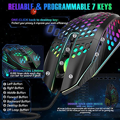 Ergonomic Gaming Mouse - USB Wired Computer Gamer Mice with 8000 DPI Adjustable/Customizable Buttons/RGB Backlit - for Windows 7/8/10/XP, Vista, Linux, PC/Mac/Laptop