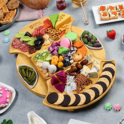 ROYAL CRAFT WOOD Large Round Cheese Board and Knife Set - Charcuterie Board, Bamboo Cheese Board Set, Cheese Tray Set, Wooden Cheese Plate Set 13.7 Inch - style: 2-4 Guests