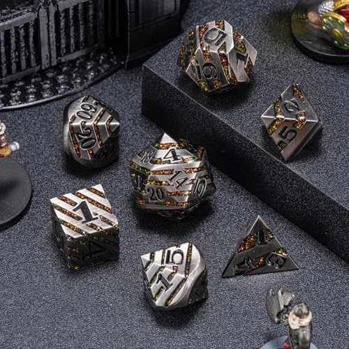 Premium Inlay Metal Dice Set, Heavy Zinc Alloy DND Dice for Serious RPG Players - color: Antique Nickel Red