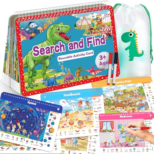 Elfew Search and Find Reusable Activity Book for Kids 3-5 4-8, Travel Games | 24 Unique Themed, Wipe Clean Educational Toys, Car Games Travel Toys for Toddlers, Kids Airplane Road Trip Travel Essentials - color: Search and Find Cards