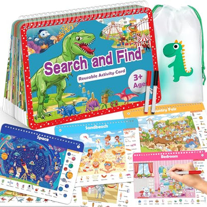 Elfew Search and Find Reusable Activity Book for Kids 3-5 4-8, Travel Games | 24 Unique Themed, Wipe Clean Educational Toys, Car Games Travel Toys for Toddlers, Kids Airplane Road Trip Travel Essentials - color: Search and Find Cards