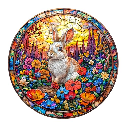 Wooden Puzzles for Adults, Flower Field Rabbit Wood Puzzles Adult,Unique Animal Shaped Wooden Jigsaw Puzzle,Creative Birthday Gifts for Friends/Family/Puzzle Lovers,Home Decor(M-11.4 * 11.4in 200pcs) - color: Flower Field Rabbit, size: Medium