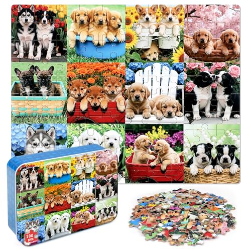 LELEMON Puzzles for Kids Ages 4-6,Cute Dogs 100 Piece Puzzles for Kids Ages 6-8 in a Metal Box,Educational Jigsaw Puzzles,Childrens 100 Piece Puzzle Games Puzzle Toys for Girls and Boys - color: Cute Dogs