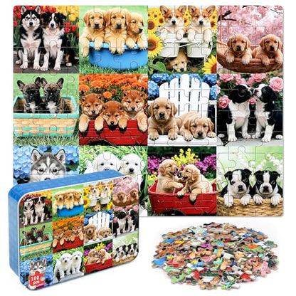 LELEMON Puzzles for Kids Ages 4-6,Cute Dogs 100 Piece Puzzles for Kids Ages 6-8 in a Metal Box,Educational Jigsaw Puzzles,Childrens 100 Piece Puzzle Games Puzzle Toys for Girls and Boys - color: Cute Dogs