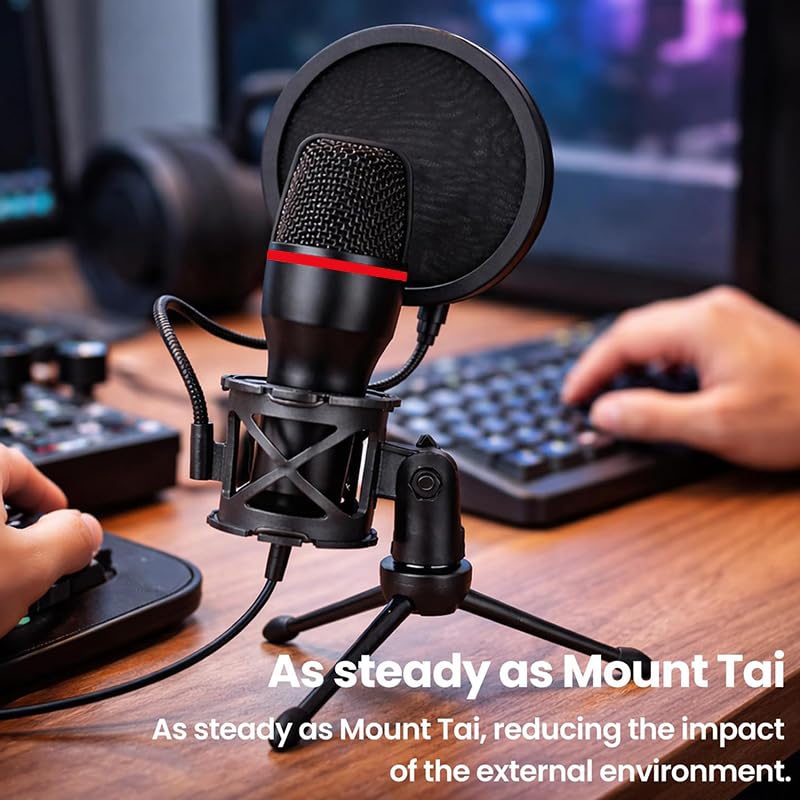 USB Microphone with RGB Light and Adjustable Tripod Stand, Plug and Play Mic for Desktop Laptop Streaming Recording