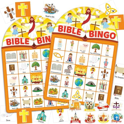 39 Pcs Bible Theme Bingo Game for Adults 24 Players Christian Party Bingo Game Cards with Reward Stickers for Family Friends Large Group Gathering Christian Sunday School Church Open Day Favors - style: Bible