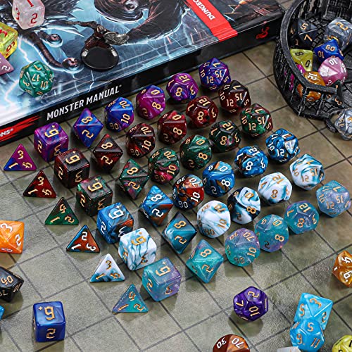 CiaraQ Polyhedral Role Playing Dice with Drawstring Storage Pouch | 26 acrylic dice sets – 182 pcs total, 7 per set (D4-D20). Lightweight & durable. Great for D&D & tabletop games. Ages 14+. - color: 26 Colors -Sickle Font