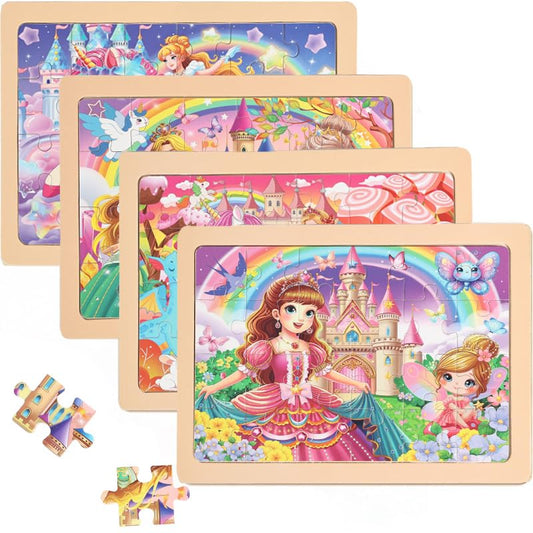 jWooden Puzzle for Kids 4-6 Years Old, 4 Pack of 24 Pieces Unicorn Princess Fairy Puzzle, Preschool Education Brain Teaser Toy for 3 4 5 6 Year Old Girls. - color: Princess