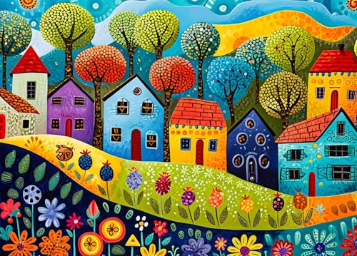 Jigsaw Puzzles for Adults 1000 Pieces, Painting Houses with Poster Interlock Perfectly Letter on Back No Dust, Home Decor Birthday Party Gift Toy for Men Women Elders Seniors (27.5"x19.6") - color: Houses