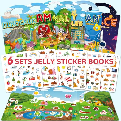 6 Sets Reusable Sticker Book for Toddlers 3-6, Jelly Sticker Books for Toddler, Travel Sticker Activity Toys for Kids 3 4 5 6 Years Old Girls & Boys