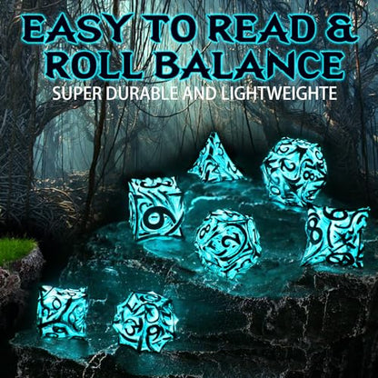 FONVGOGO Glow in The Dark Light up DND Dice Metal for Dungeons and Dragon 7 Polyhedral Dice Set Hollow Metal Vine D and D RPG Dice for Role Playing Game (Vine Glow Blue) - color: Vine Glow Blue