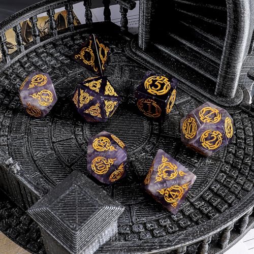 Amethyst Dice Dice Set, 7-Piece Handcrafted Polyhedral Dice with Gold Engraving, Ideal for D&D, RPG, MTG & Tabletop Games, Gift Box Included (Amethyst Totem) - color: Amethyst Totem