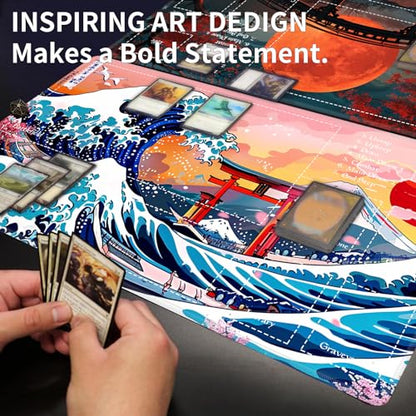 Card Playmat 70 x 40 cm Game Mats Tabletop Magic for MTG/TCG Cards, Trading Card Game Playing Stitched Commander Deck Gaming Desk Duel Mat Card Gameplay Mats, Japanese Sakura Sea Wave - color: Japanese Sakura Sea Wave, size: 27.5"X15.7"