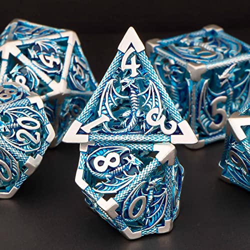 KERWELLSI Hollow DND Dice Set D&D with Gifts Box, 7pcs Polyhedral Metal D and D Dice for Role Playing Game, Dungeon Dragon Dice D20 D12 D10 D8 D6 D4 (Blue) - color: Blue
