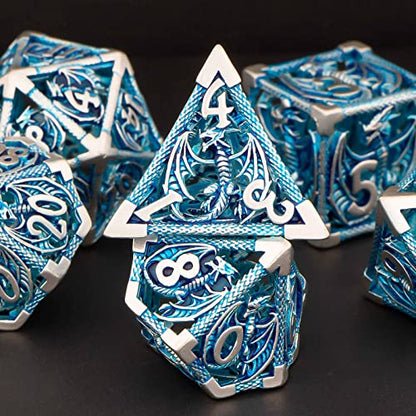 KERWELLSI Hollow DND Dice Set D&D with Gifts Box, 7pcs Polyhedral Metal D and D Dice for Role Playing Game, Dungeon Dragon Dice D20 D12 D10 D8 D6 D4 (Blue) - color: Blue