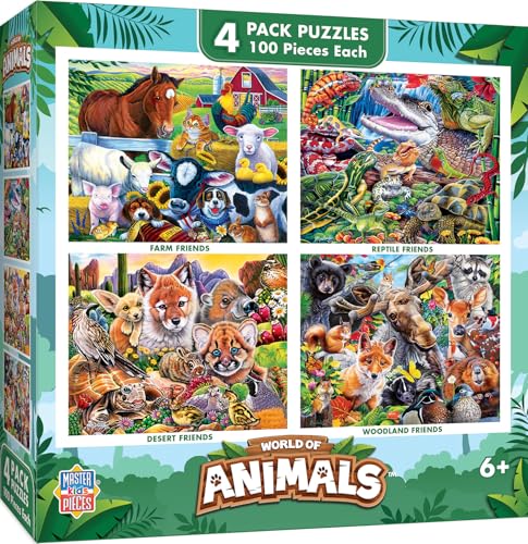 MasterPieces – Jigsaw Puzzle Set for Kids 6+ Years, 4-Pack of 100 Pieces, Educational and Fun Game, World of Animals Collection V2, Gift Idea for Children, 8" x 10" - style: World of Animals V2