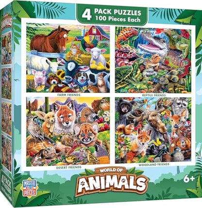 MasterPieces – Jigsaw Puzzle Set for Kids 6+ Years, 4-Pack of 100 Pieces, Educational and Fun Game, World of Animals Collection V2, Gift Idea for Children, 8" x 10" - style: World of Animals V2