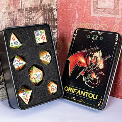 Gothic DND Dice Set Bleeding Rose Metal D and D Dice for use with Dungeons Dragons D&D Role Playing Game, Blue Purple RPG Polyhedral Dice Set D20 D12 D10 D8 D6 D4 - color: Purplish Blue&gold&red Numbers