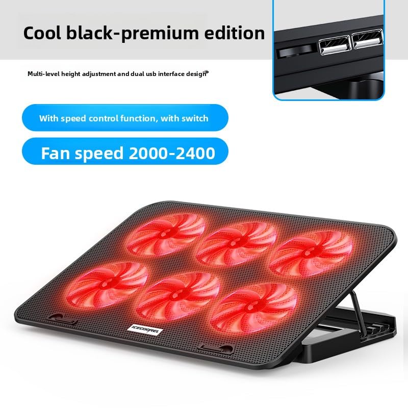 Laptop Cooling Pad 6 Fans RGB LED Adjustable Stand 12-17" Gaming | 6 fans 2400 RPM, RGB lights, adjustable speed, phone holder, metal mesh, dual USB, fits 12-17", 35-70 CFM cooling power - color: 10-Fan - Premium Edition (with speed control, bold