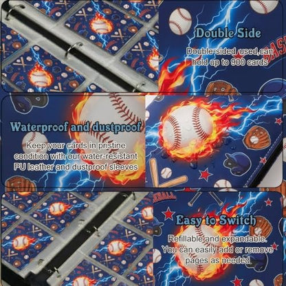 Trading Card Binder 9 Pocket, Blue Baseball Card Binder Holds 900 Cards with 50 Removable Sleeves, Waterproof PU Leather with Zipper Card Collector Album Book Compatible with TCG Cards - color: Blue Baseball