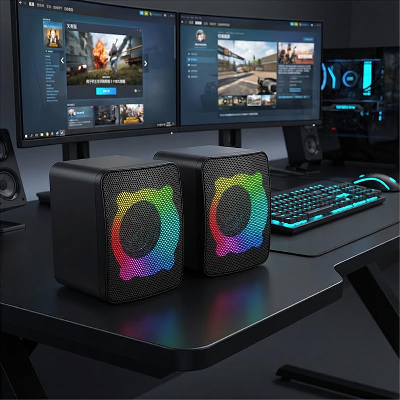 1 Pair Computer Speakers with Subwoofer, USB Powered Speakers with 3.5mm Aux Input, Wired RGB Stereo Speaker for Desktop PC Monitor, Gaming Desk Accessories