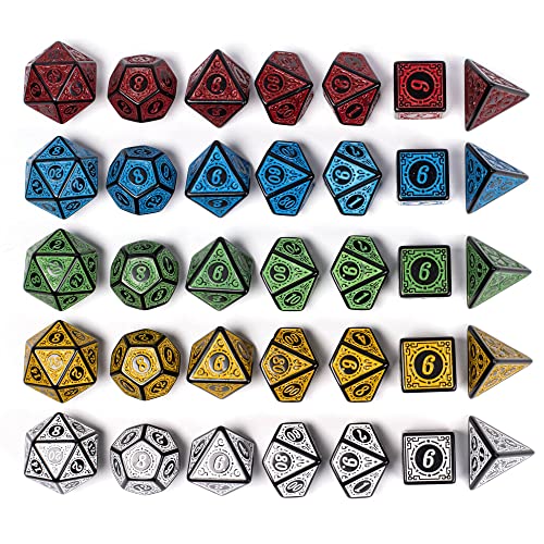 5 Sets Dice DND, Polyhedral Dice Set (35pcs) with Leather Dice Bag, D&D Dice Set for Dungeons and Dragons, RPG Table Games (Window Lattice Carved Series) - color: 5sets-window Lattice