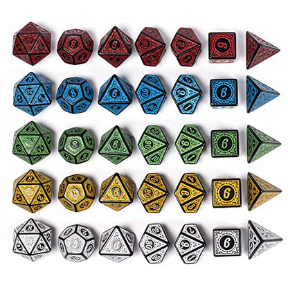 5 Sets Dice DND, Polyhedral Dice Set (35pcs) with Leather Dice Bag, D&D Dice Set for Dungeons and Dragons, RPG Table Games (Window Lattice Carved Series) - color: 5sets-window Lattice