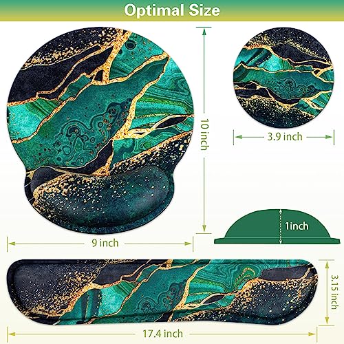 Mouse Pad Green with Wrist Rest Set, 3-in-1 Wrist Support Mousepad | Gaming Mat Pad with Anti-Skid Base,Ergonomic Mouse Pad ,Memory Foam Gel Wrist Rest for Computer Keyboard - color: Dark Green Marble