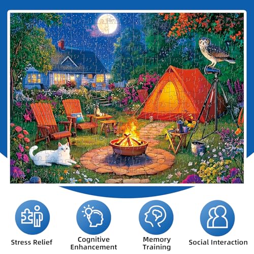 300 Pieces Puzzles for Adults,Moonlight Backyard Camping Puzzle,300 Pieces Puzzle for Adults Large Piece,Cute Cat Jigsaw Puzzles for Kids Ages 8-10,Gifts for Christmas Family Games Lovers 20.5 x 15 in - style: Backyard