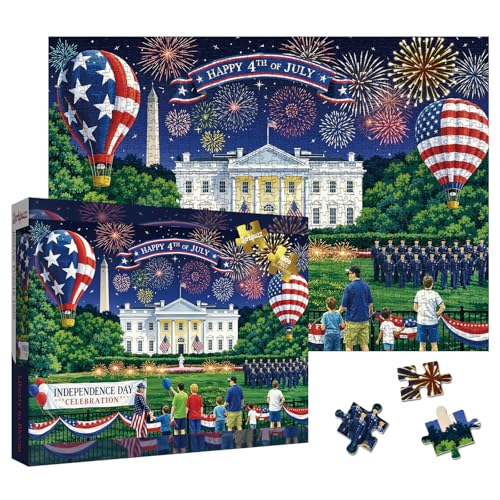 250th Anniversary USA Puzzles for Adults 1000 Pieces, 4th of July Patriotic Fireworks Jigsaw Puzzle, American Flag Hot Air Balloon Celebrate Birthday Puzzle - color: Patriotic Red, White, and Blue