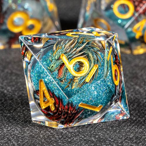 KERWELLSI Liquid Core Dragons Pattern Dice, Resin DND Dice Set with Gift Box, Blue and Gold Sharp Edged Dungeons D&D Dice, Role Playing Game Dice D20 D12 D10 D8 D6 D4 - color: Blue and Gold