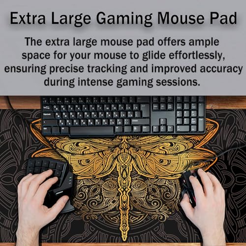 Gaming Desk Mats Gold, Desk Mouse Pad Extra Large Mouse Pads, Pad for Mouse Non-Slip Rubber Base Waterproof with Stitched Edges, 35.4 X 15.7 inch for Work/Game/Office/Home Dragonfly Mandala - color: Dragonfly Mandala