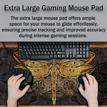 Gaming Desk Mats Gold, Desk Mouse Pad Extra Large Mouse Pads, Pad for Mouse Non-Slip Rubber Base Waterproof with Stitched Edges, 35.4 X 15.7 inch for Work/Game/Office/Home Dragonfly Mandala - color: Dragonfly Mandala