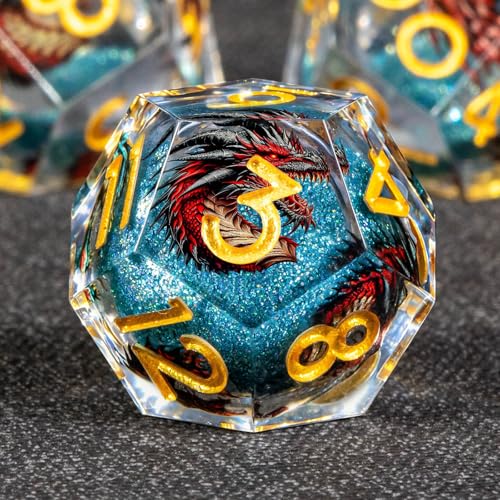 KERWELLSI Liquid Core Dragons Pattern Dice, Resin DND Dice Set with Gift Box, Blue and Gold Sharp Edged Dungeons D&D Dice, Role Playing Game Dice D20 D12 D10 D8 D6 D4 - color: Blue and Gold