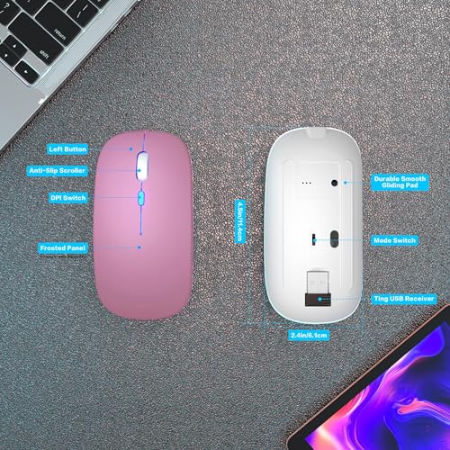 AIKOKOK Wireless Bluetooth Mouse, Rechargeable, Dual Mode Bluetooth 5.2 & 2.4G USB, LED Lights, Slim, Silent, Portable Computer Mouse for Laptop, PC, MacBook, iPad, Tablet (Rose Gold) | BT 5.2 & 2.4G USB Receiver, 3 Adjustable DPI,LED Lights,Slim,Silent,P