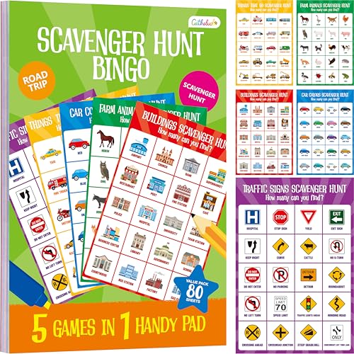 Road Trip Game Pad, 5 Games in 1 (Farm Animals, Car Colors, Buildings, Traffic Signs, Vehicles Scavenger Hunt Bingo), Pen Pencil Paper Game, Plane Trip/ Car Travel/Getaway Activity Pad for Kid, Adult - style: Scavenger hunt bingo
