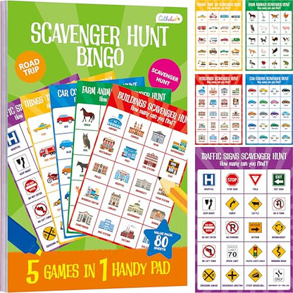 Road Trip Game Pad, 5 Games in 1 (Farm Animals, Car Colors, Buildings, Traffic Signs, Vehicles Scavenger Hunt Bingo), Pen Pencil Paper Game, Plane Trip/ Car Travel/Getaway Activity Pad for Kid, Adult - style: Scavenger hunt bingo
